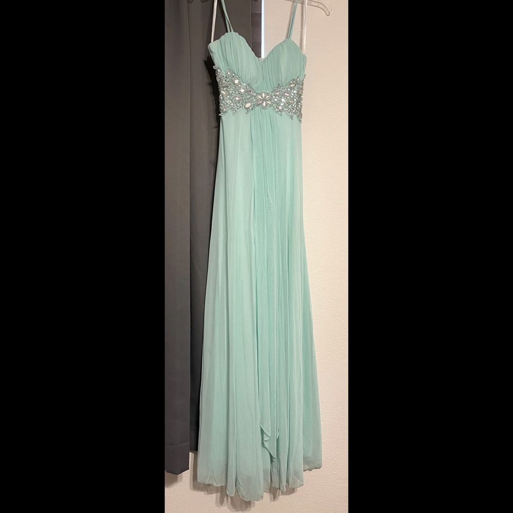 Light aqua blue prom dress, worn once, some stains